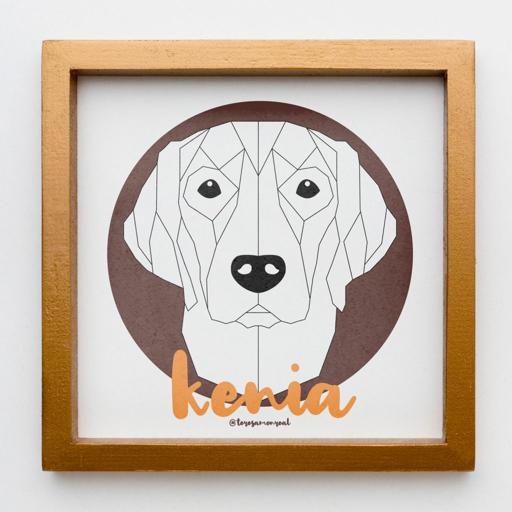 Ilustración geométrica, retrato perra llamada Kenia, labrador.